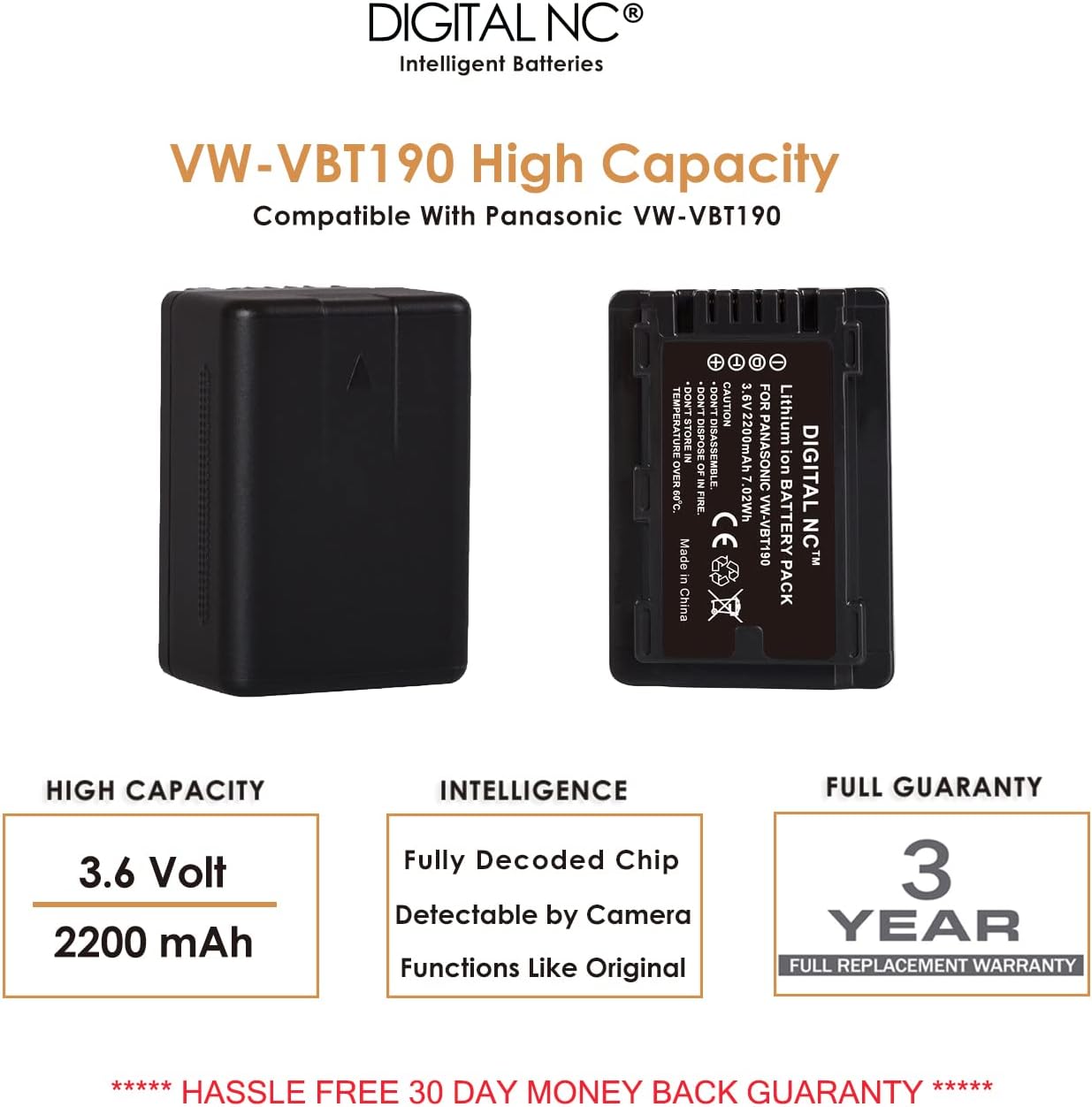 VW-VBT190 High-Capacity Batteries (2 Pcs.) + Battery Charger Compatible with Panasonic Models HC-V770, HC-VX870, HC-VX980, HC-VX981, HC-W570, HC-W580, HC-W850, HC-WX970, HC-WXF990, HC-WXF991, HC-WXF1