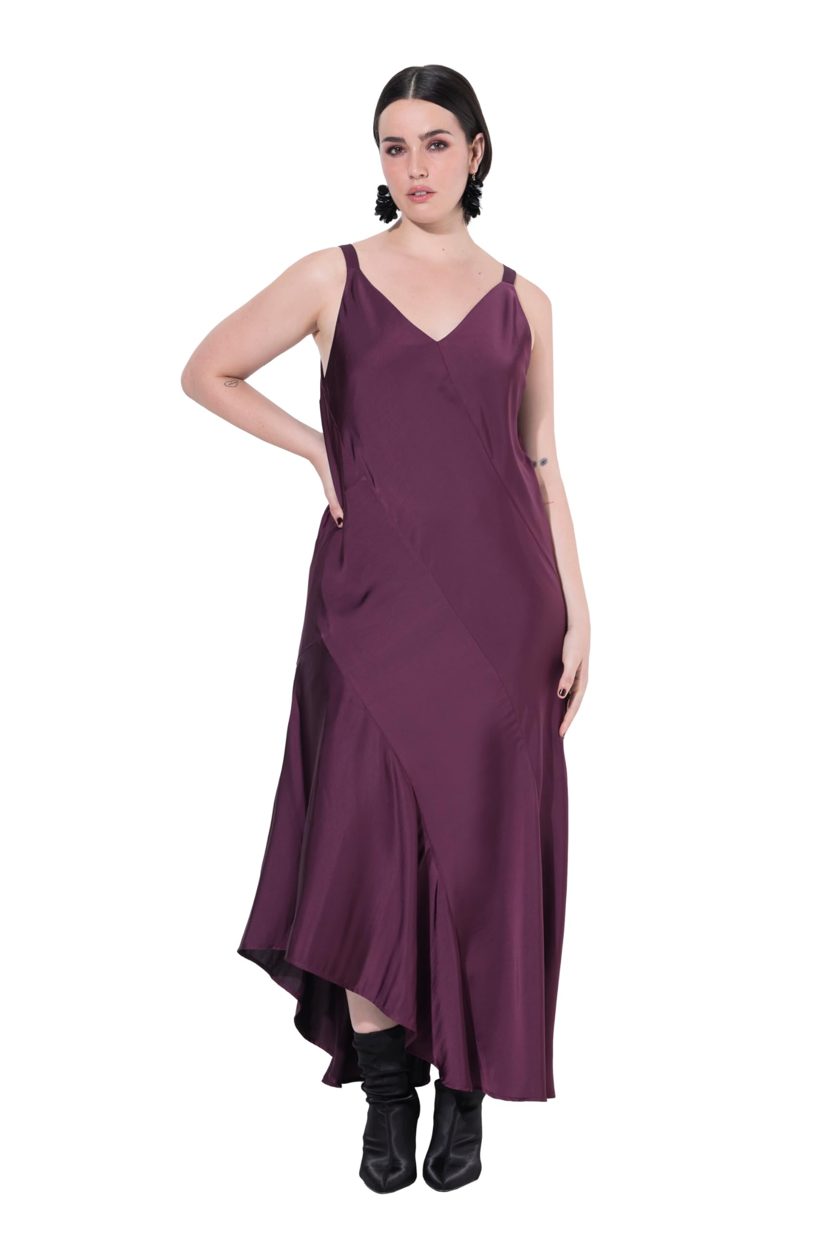 Ulla Popken Damen große Größen Übergrößen Plus Size Satin-Maxikleid, A-Linie, V-Ausschnitt, ärmellos 820341