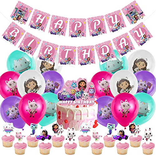 Gabbys Dollhouse Decoración Cumpleaños 50 PCS,Gabbys Dollhouse Cumpleaños Pancarta,Cake Topper,Decoración de Fiestas Temáticas,Globos de Látex,Fiesta Globos,para Cumpleaños de Niños y Niñas Cover
