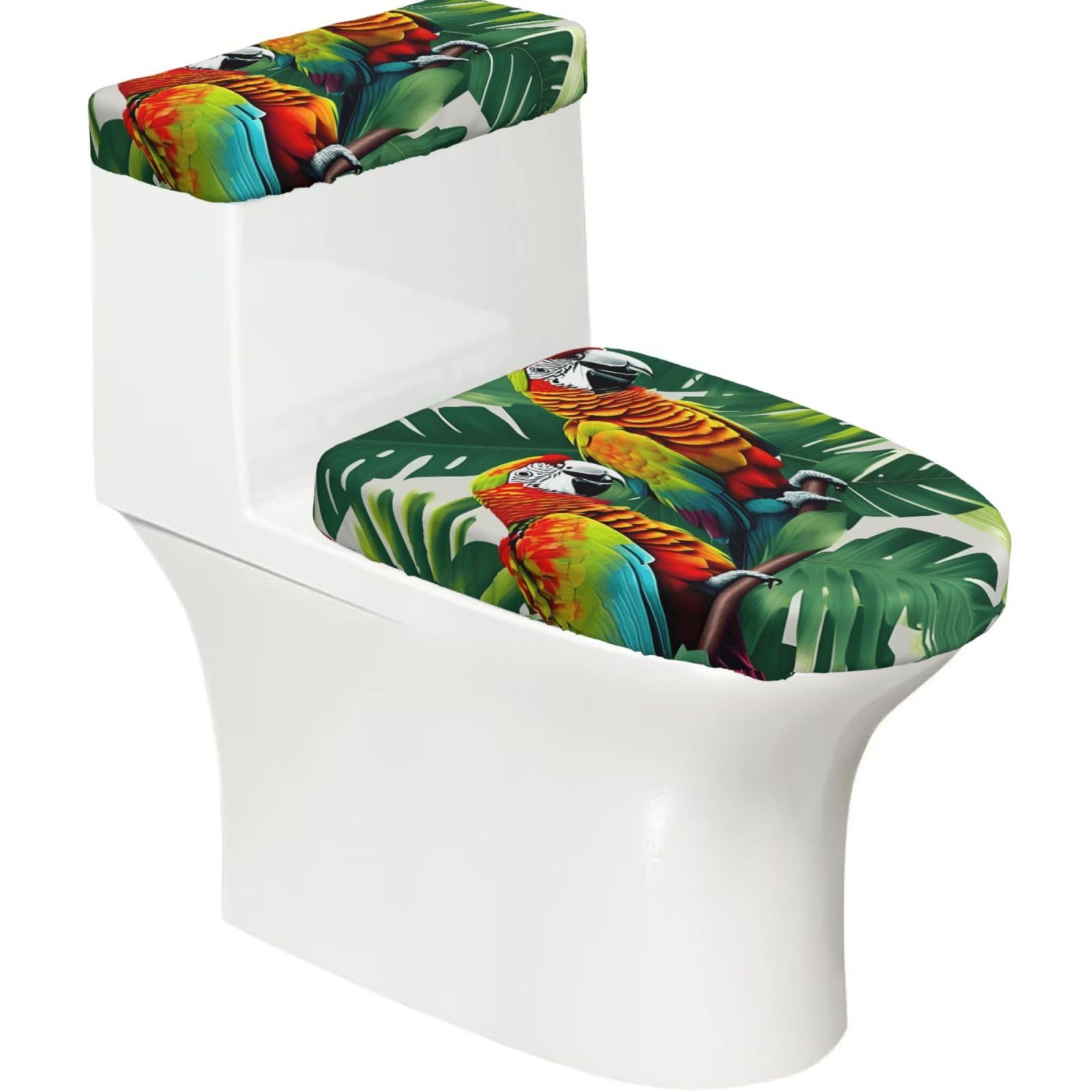 Tropical Flower Leaf Parrot Printed Toilet Tank and Lid Cover Set of 2 for Most Bathrooms, Fits Elongated Round Toilets