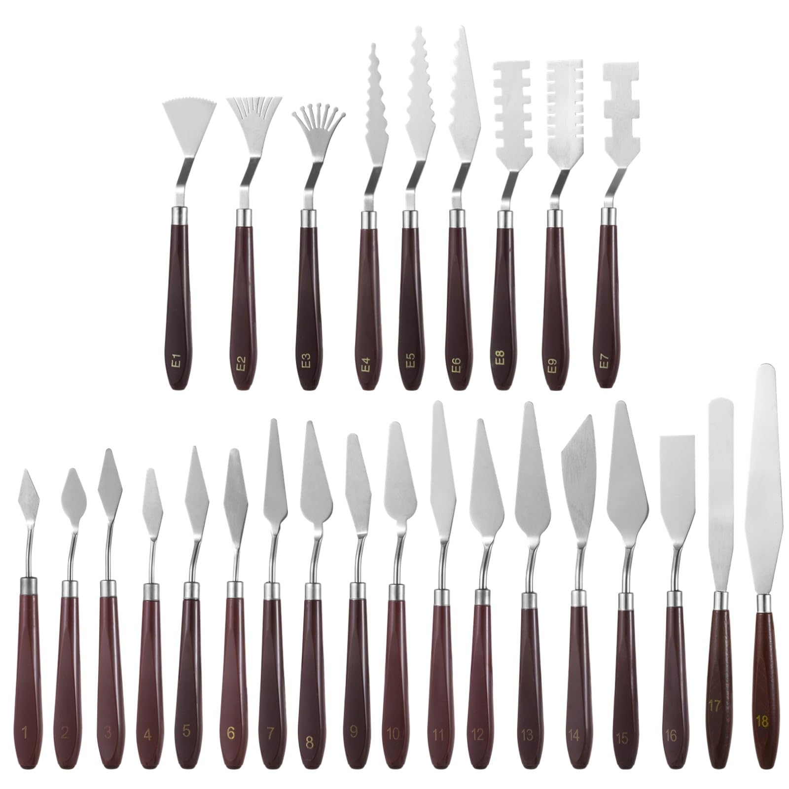 Set de 27 spatules palette, outil palette en acier inoxydable avec manche en bois, spatules de peinture pour mélange des couleurs et texturage