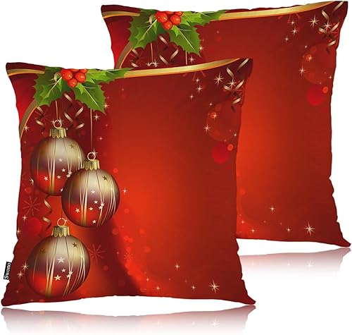 Swono Juego de 2 fundas de almohada cuadradas decorativas de 18 x 18 pulgadas, bolas de Navidad de Año Nuevo, juego de 2 fundas de almohada de