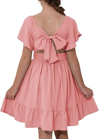 blibean Girls Summer Tie Back Dresses Kids Off Shoulder Dress Size 4-15Y | Cute Boho Flower Short Sleeve Dress, Casual Formal Party Beach Graduation Ruffle Outfit for Tween Teen, Square Neck A-Line