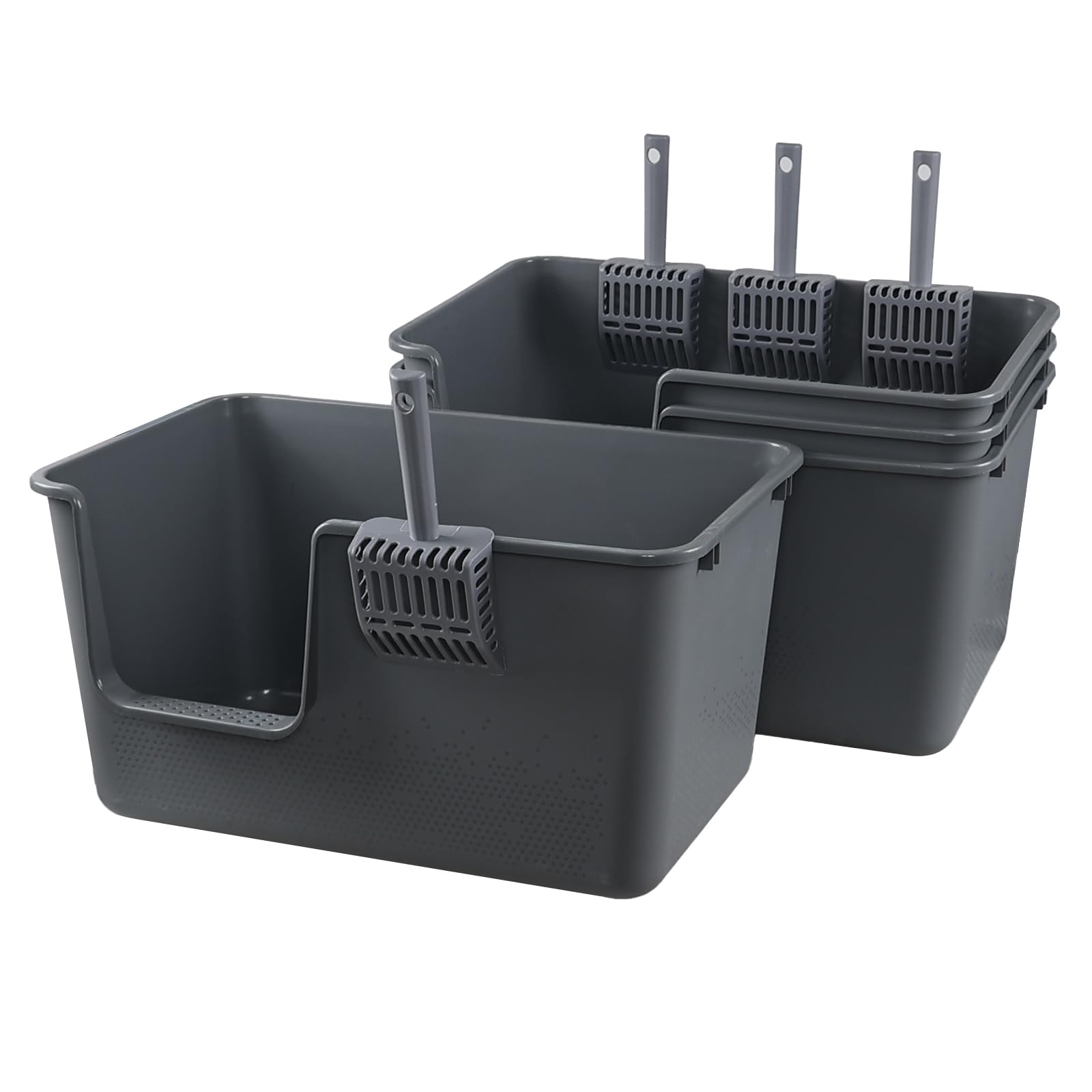 Esdiplot 4-Pack XX-Large Open Top High Sided Cat Litter Box, Plastic Cat Litter Pan with Scoop, Grey