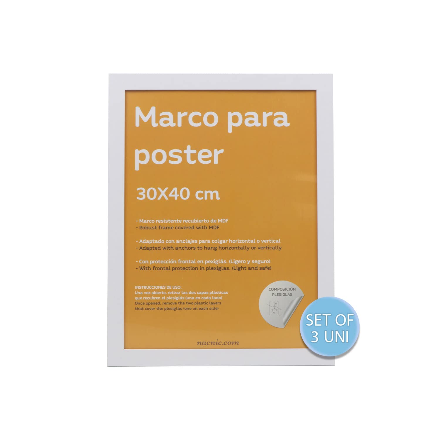 Nacnic - Pack 3 Marcos de Madera MDF Blanco y Vidrio Acrílico | Protección y Expositor de Fotografías, Láminas, Pósters, Cuadros y Decoración para Salón, Dormitorio u Oficina | 30x40 cm
