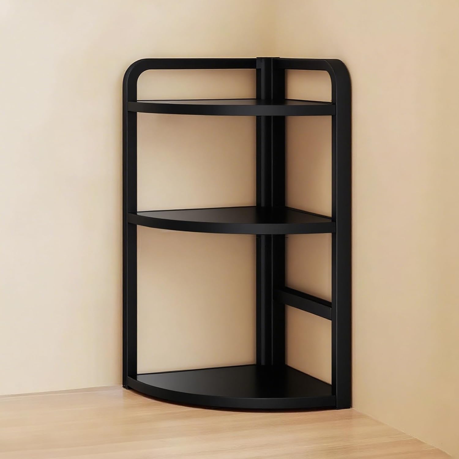 Small Corner Shelf Stand, 3 Tier Triangular Curved Bookshelf, Metal Frame Bookcase, Storage Standing Display Stands Unit for Living Room, Bedroom, Home Office, Vanity, Kitchen (Black,12x25.6in)
