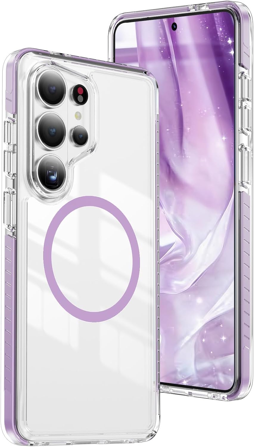Compatible with Samsung Galaxy S24 Ultra Case, Anti-Yellowing Transparent Magnetic Slim Back Military-Grade Protection Soft TPU Slim Fit Cover for Samsung S24 Ultra. Purple CHTM