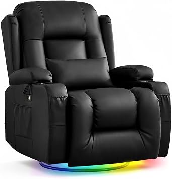 URRED Swivel Rocker Recliner Chair with LED Ambient Lights for Adults,Black | 270 Swivel Nursery Glider Manual Reclining Sofa with Cup Holders & Pillow for Living Room or Home Theater, Faux Leather