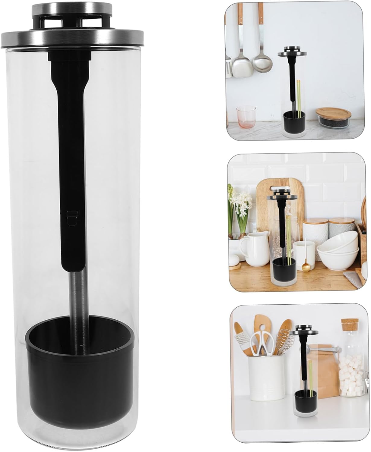 Garneck Straw Dispenser and Utensil Holder High Borosilicate Glass Straw Storage Container with Lid for Kitchen Counter Organization and Cooking Utensil Tidy