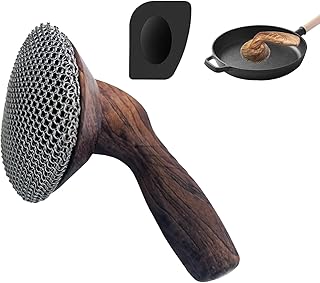 Cast Iron Srubber with Long Handle, Cast Iron Pan Skillet Cleaner Chainmail Scrubber, Dish Scouring Pad Dishwasher Cleaning with Pan Grill Scrapers