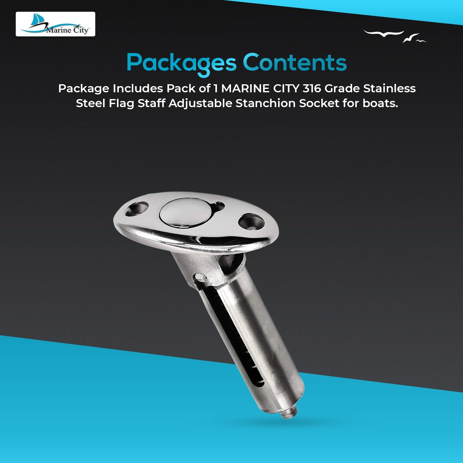 MARINE CITY Flag Staff Adjustable Stanchion Socket, 316 Grade Stainless Steel, 30-Degree Flush Mount, Twist Locking, Corrosion-Resistant, for Boats, Pack of 1