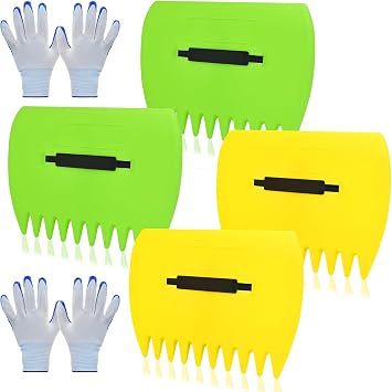 2 Sets Leaf Scoops Hand Rakes, Leaf Scoops and Claws with 2 Pairs Gloves, Lightweight Plastic Leaf Scoop, Large Leaf Grabbers for Picking Up Leaves, Clippings, Grass2 Sets,Yellow+Green
