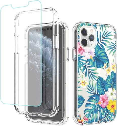 Sidande Funda para iPhone 11 Pro con protector de pantalla de vidrio templado, cuerpo completo transparente floral TPU delgado funda protectora para