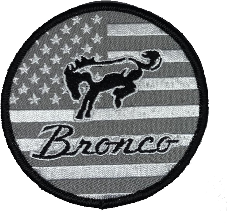 Ford Bronco Greyscale Flag Logo Embroidered Patch 3 inch Round | Heat Seal Patch for Clothes, Jean Jacket, Black Backpack, Hat, Jackets, and More Ford Bronco Greyscale Flag Logo Embroidered Patch 3 inch Round | Heat Seal Patch for Clothes, Jean Jacket, Black Backpack, Hat, Jackets, and More
