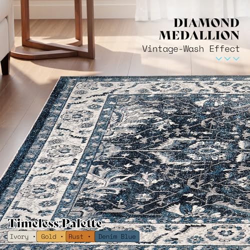 Image of AMERLIFE 5'x8' Wilton Collection Area Rug, Durable Low Pile Non-Slip Washable Rug for High Traffic Areas, Distressed Vine Pattern Vintage Rug for Living Room, Bedroom, Dining Room, Blue /White