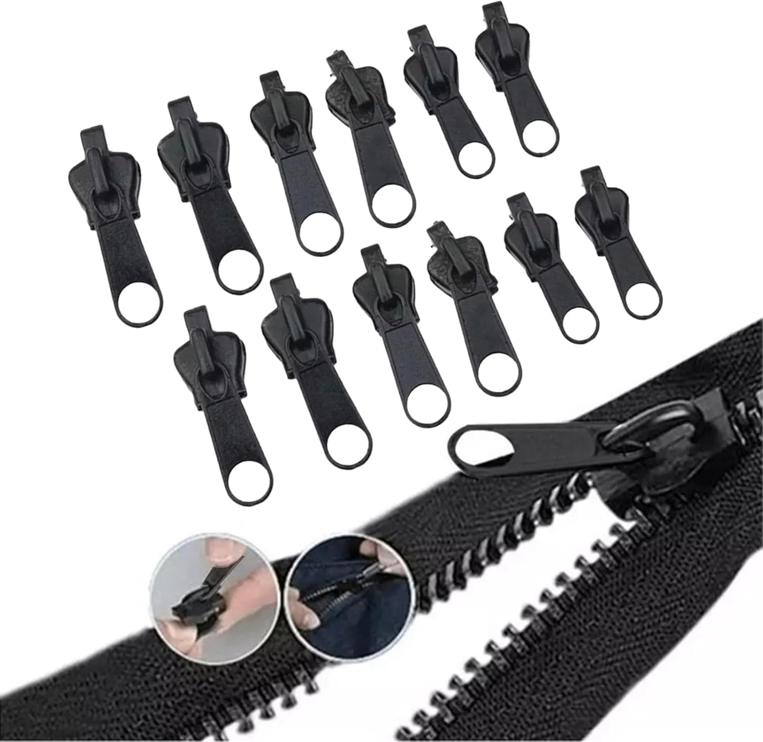 12Pcs Black Fix Zip Puller, Luggage Zipper Pull Replacement, Zip Slider Repair Instant Kit,Replacement Zipper, Fix Zipper Removable Rescue Replacement Pack, for Sewing Clothes, Jacket,Zippers