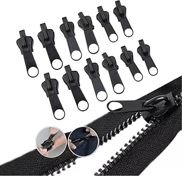 12Pcs Black Fix Zip Puller, Luggage Zipper Pull Replacement, Zip Slider Repair Instant Kit,Replacement Zipper, Fix Removable Rescue Pack, for Sewing Clothes, Jacket,Zippers