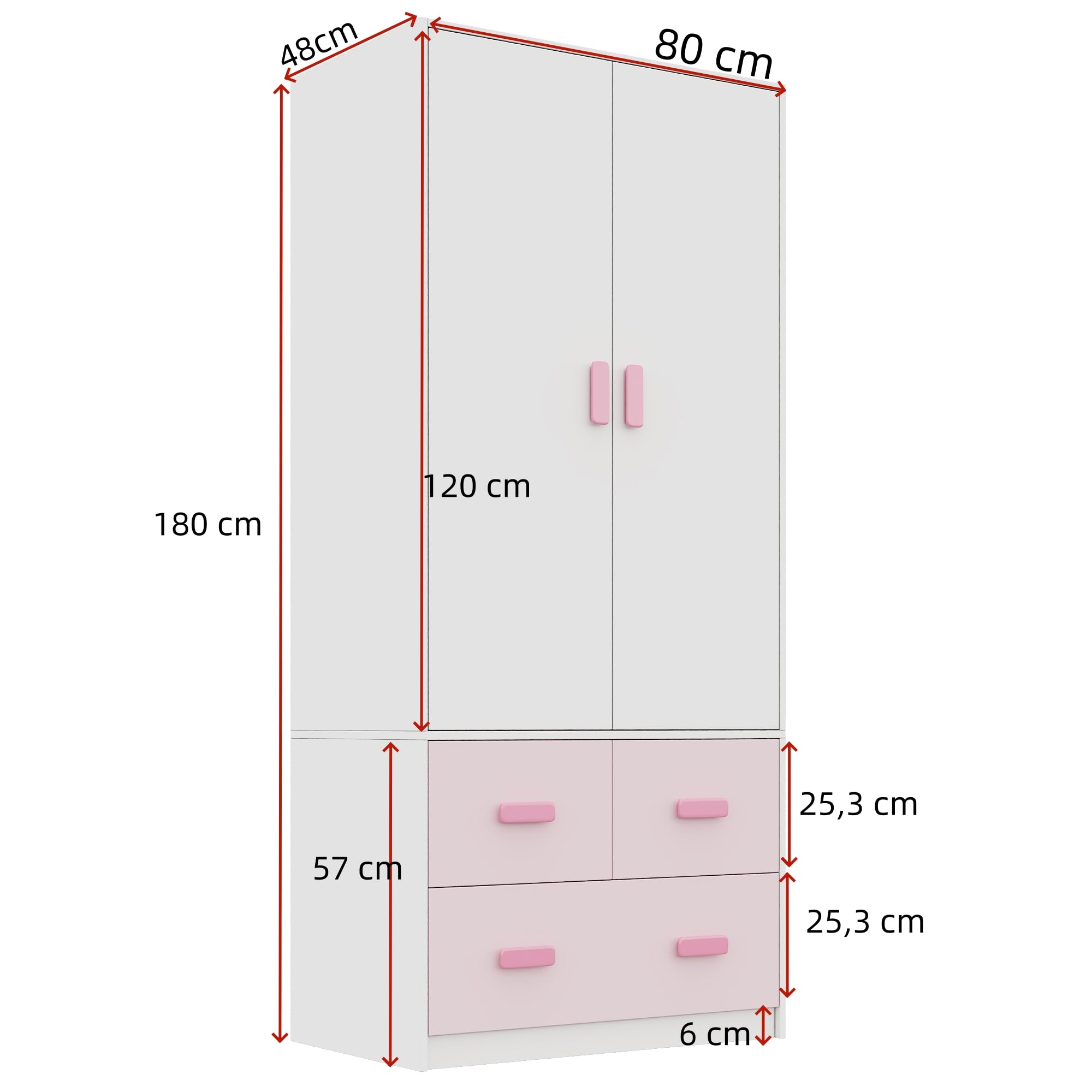 Armario infantil de 2 puertas, mueble de dormitorio, con barra colgante y 3 cajones, bicolor blanco y rosa, 80×48×180 cm