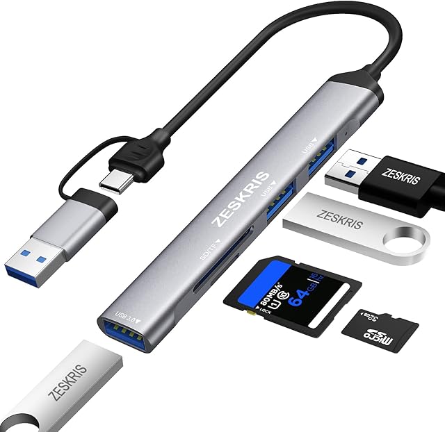 USB C Hub, ZESKRIS 5 Ports Ultra Slim Data Type C Hub with 1 USB 3.0, 2 USB 2.0, TF/SD/MicroSD Card Reader Portable USB Splitter for Macbook Pro/Air, Laptop, PS5/PS4, and Other Type C Devices