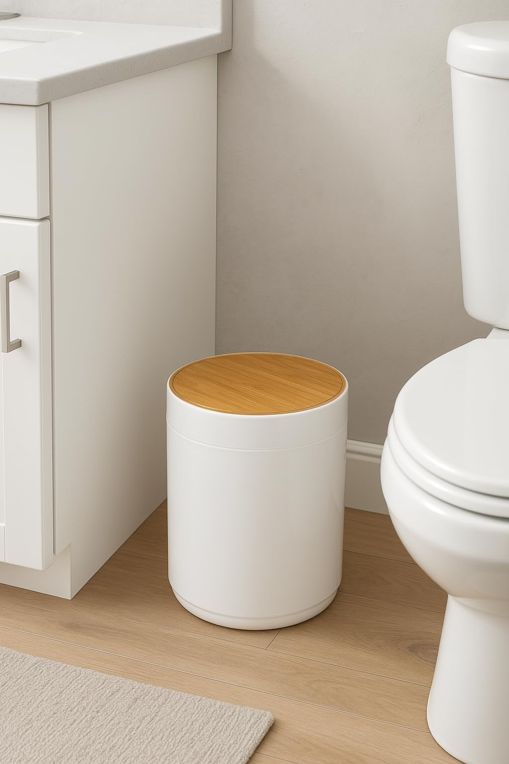 DAMDAM GO Papelera de Baño 5L con Tapa Basculante de Bambú Natural, Cubo de Basura Pequeño Blanco Diseño Minimalista Moderno para Baño, Dormitorio y Oficina