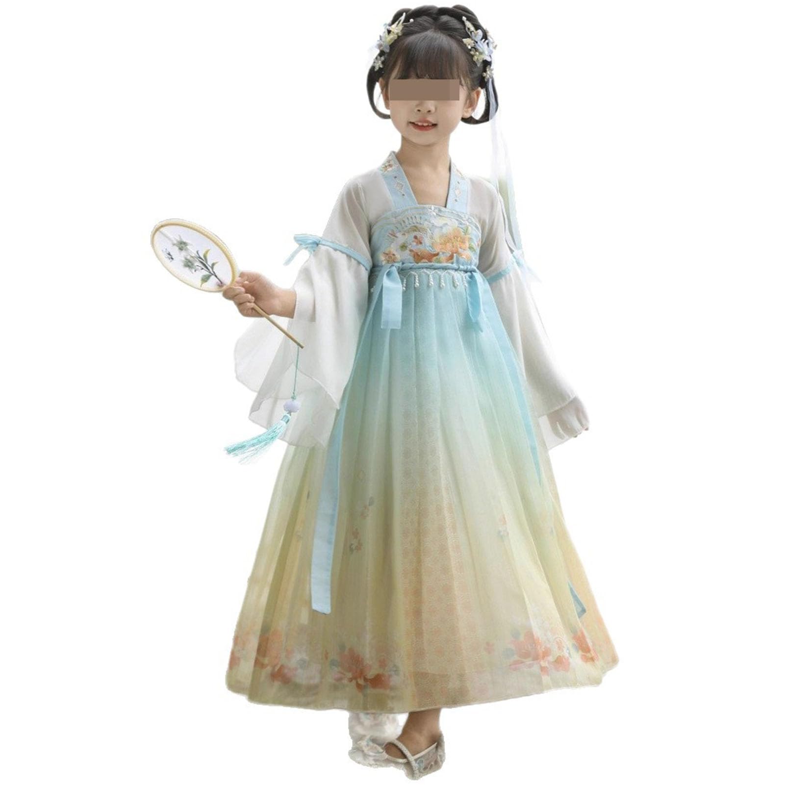 HHCTEBEC Girl's Han Fu Dress Summer,Long Sleeves Chinese Traditional Floral Ruqun Kids Ancient Fairy Tang Dynasty Style Dress, Chinese Hanfu Decor & Gifts, Cosplay Costume,Blue