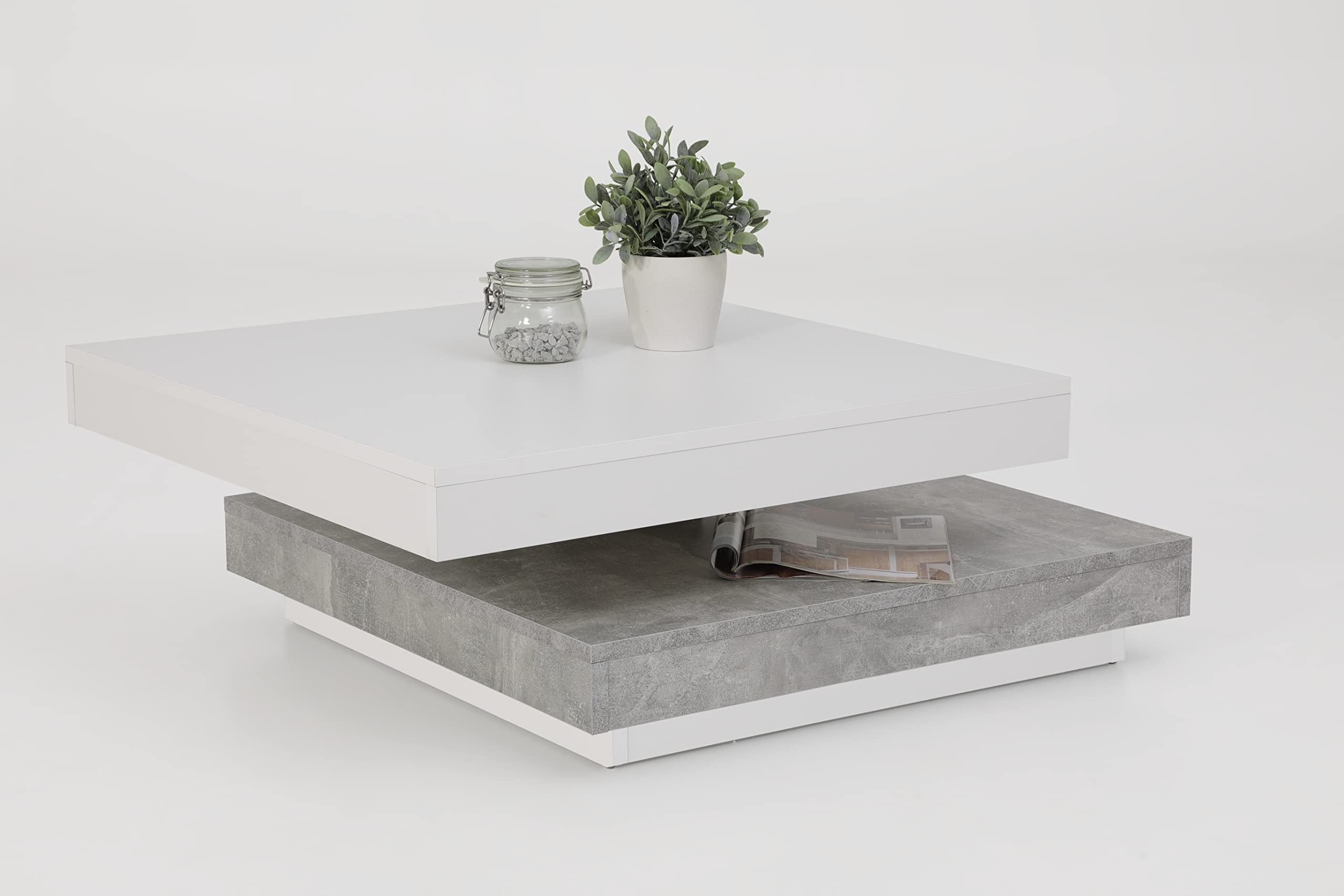 Hela Tische, Couchtisch Wohnzimmertisch Andy, Quadratisch, Holzwerkstoff ,Tischplatte drehbar 360°, Weiß/Beton, 67x67x35cm