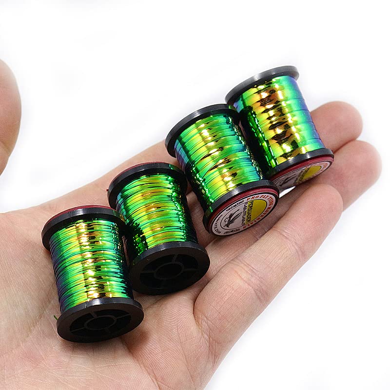 WellieSTR 4spools Mylar spools Set Peacock/Orange Flat Metallic Fly Tying Tinsel 4sizes Mix Double Sided Colors Flat Tinsel