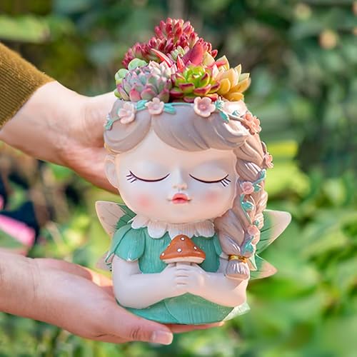 Cute Angel Girl face Succulent Plant Pot with Drainage Hole Large Girl face Planter Pot Big Resin Lady Head Planter Tall Flower vases for Indoor and Outdoor Plants Garden Gift for Plants Lover
