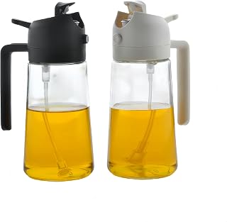LUTAKU 2-Pack 470ml 2-in-1 Oil Spray & Dispenser Set, Glass Bottle for Olive Oil with Pouring Nozzle for Cooking, Salad, Grill, Fryer (Black & White)