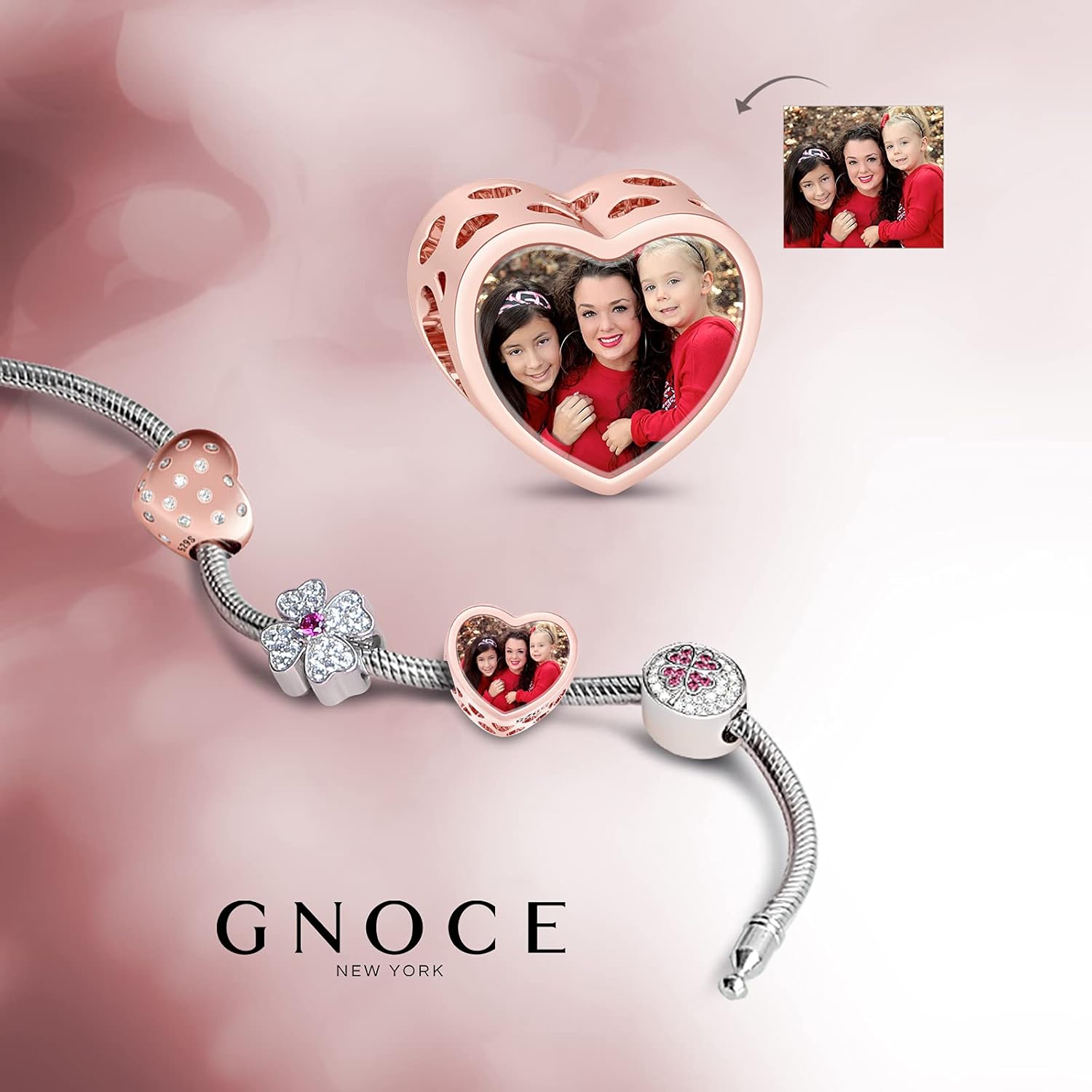 GNOCE Customised Photo Charm Bead Sterling Silver Always in My Heart Rose Gold Engravable Personalized Charm fit Bracelets Necklaces Gift to Friends Families and Pets…