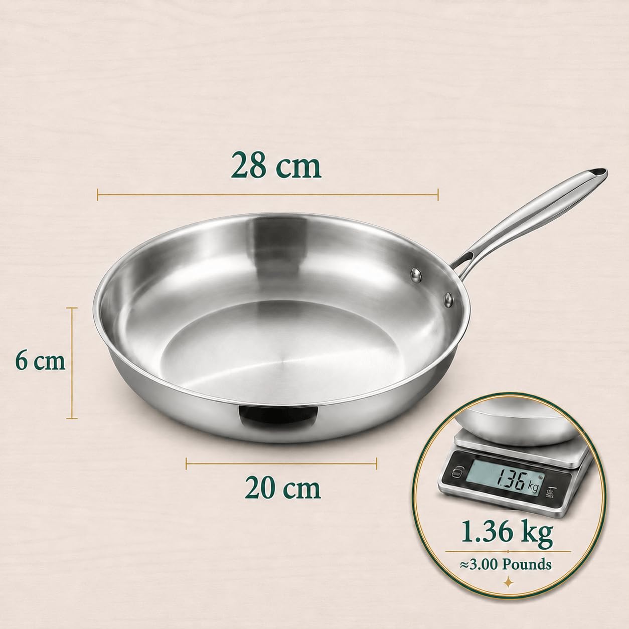 Edelstahlpfanne 28 cm mit Deckel, 5-Schicht Bratpfanne | Unbeschichtet, Gleichmäßige Wärmeverteilung, für Alle Herdarten, Ofenfest bis 400 °C, für Steak, Gemüse und Eier