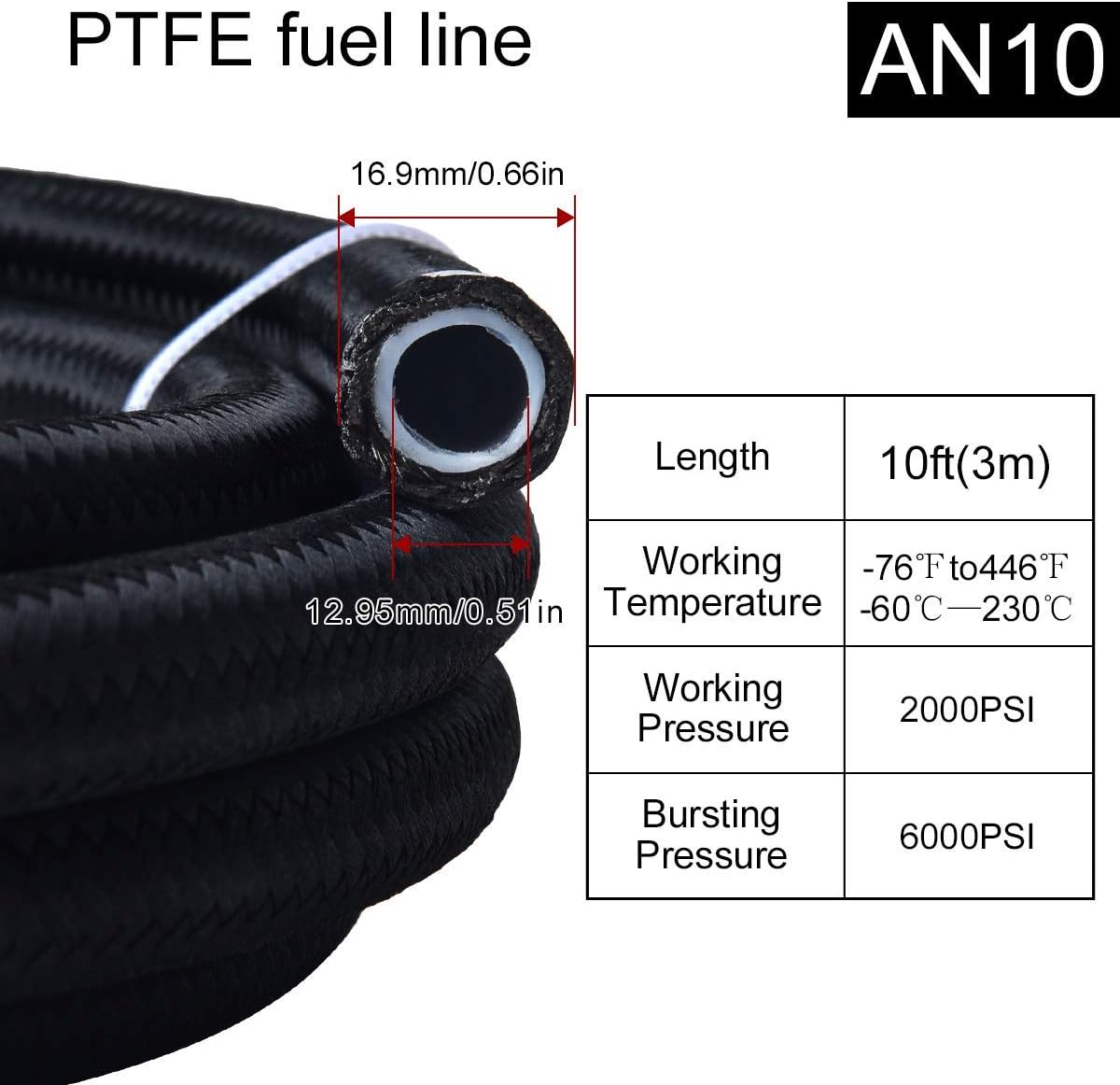 EVIL ENERGY 300LPH High Flow External Fuel Pump 12V Bundle with 10FT 10AN Nylon Braided PTFE Fuel Line