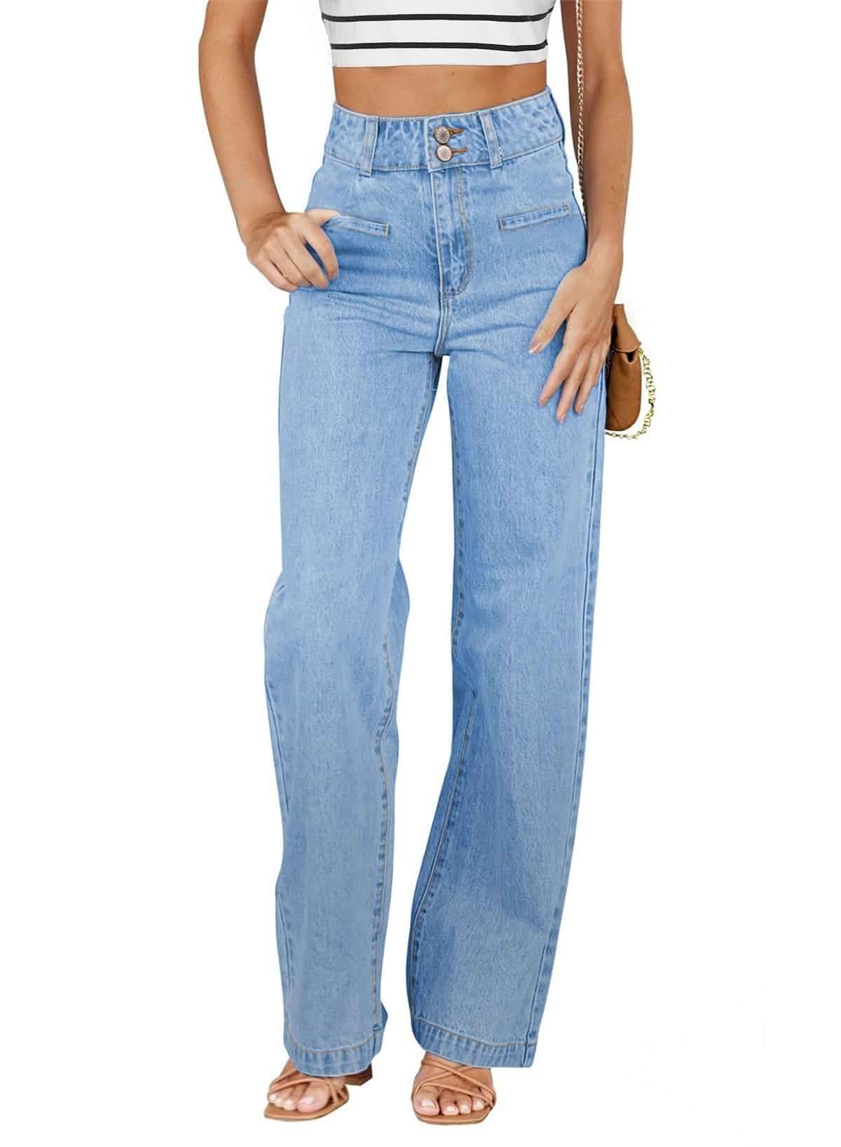 Sidefeel Jeans for Women High Waisted Straight Leg Denim Pants Soft Stretchy Denim, Dual Button Closure, Full Length, Relaxed Fit Wide Leg Jeans with Pockets, Dressy Casual Wear