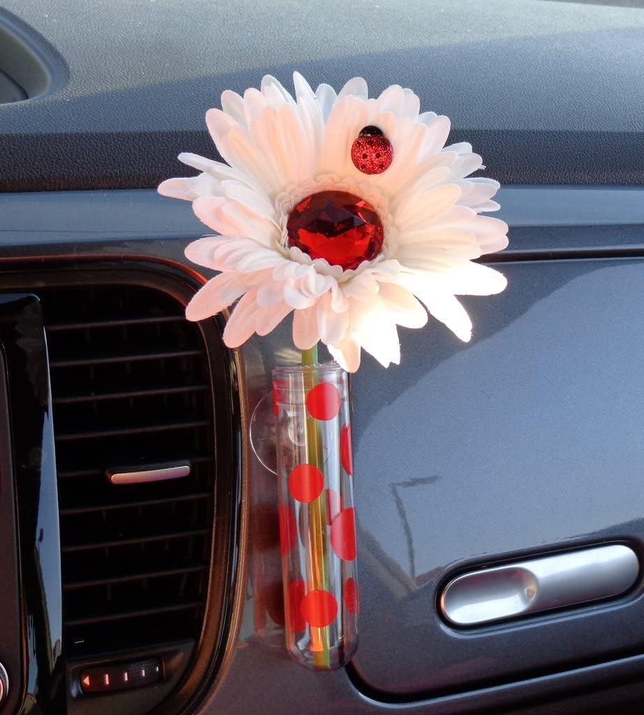 White Daisy Red Bling with Suction Vase - Compatible with VW Beetle
