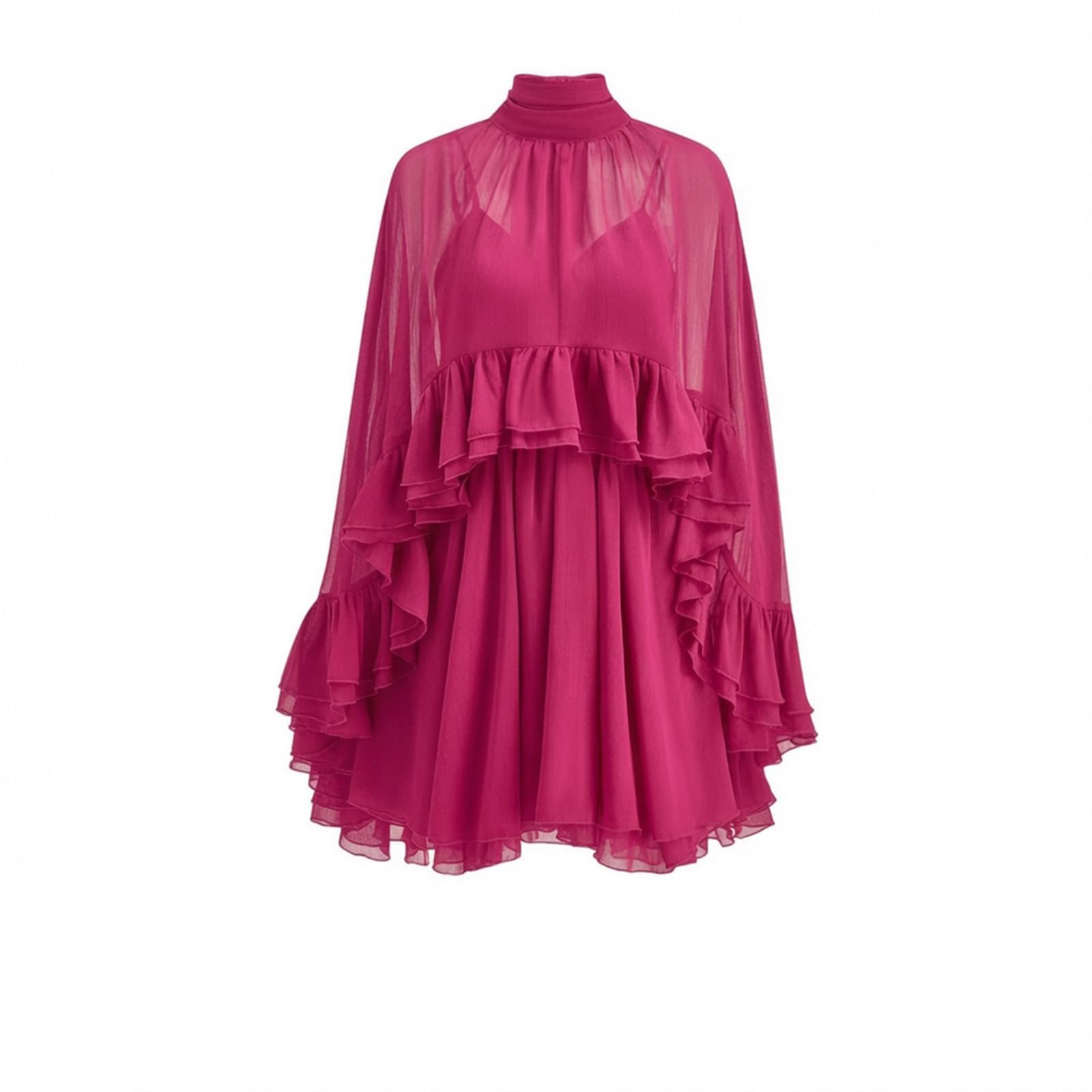 Abito da donna in chiffon semi velato, con volant e mantello esterno, manica a poncho, mini abito fluido, lavoro, ufficio, casual, uscite, appuntamenti