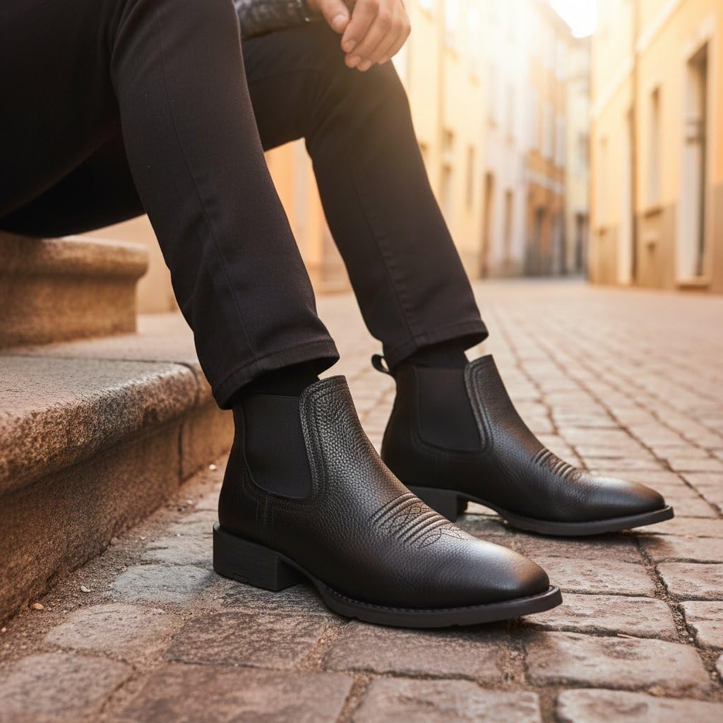 SUREWAY Mens Western Chelsea Cowboy Boots for Men Square Toe,Rugged Slip-On Work/Casual/Dress Boots for Men,Comfort Slip Resistant Ankle Leather Boots - Image 2