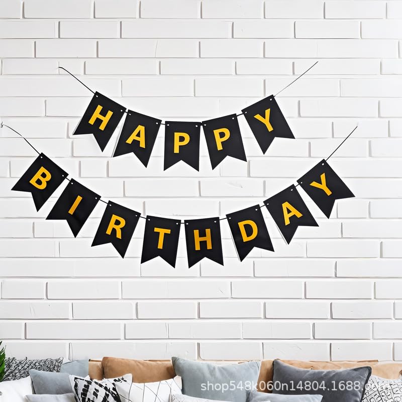 Happy Birthday Letter Banner, DIY Threading Party Hanging Decorations, Reusable Cardstock Banner for Women Men Birthday Party Supplies(Black)