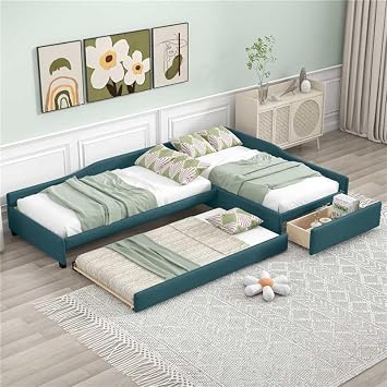 Double Twin Size Daybed with Trundle and Storage Drawers, L Shaped Corner Bed Frame with Wooden Slats Support for Living Room Bedroom Guestroom, 3 Beds in One Design, Green