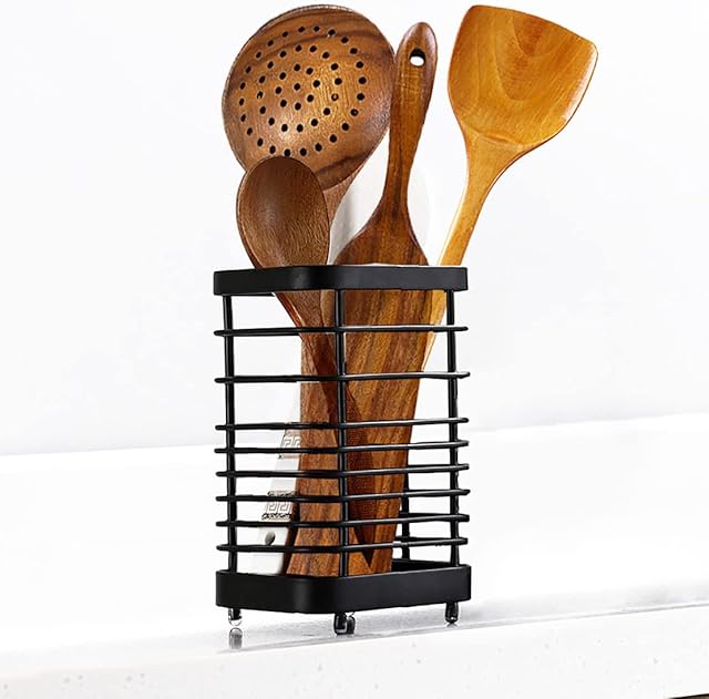 ANHORTS Utensil Holder Stainless Steel, Kitchen Caddy Cutlery Drainer Drying Rack, Countertop Organizer for Sink Silverware Dinner Forks, Knives and Spoons, Black