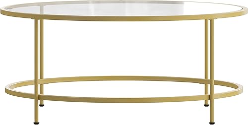Miniatura 5 de EMMA + OLIVER Mesa de centro de cristal transparente para sala de estar con marco redondo de metal dorado cepillado