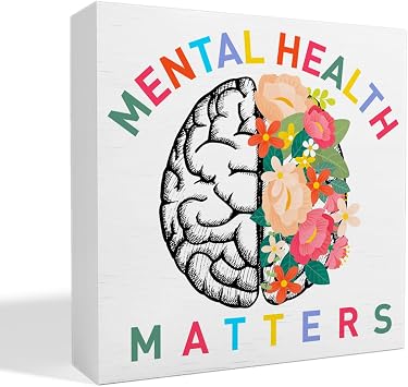 Mental Health Desk Decor Therapy Office School Counselor CBT Therapist Counseling Wooden Box Sign Psychology Decoration for Home Office School Classroom Table Decor