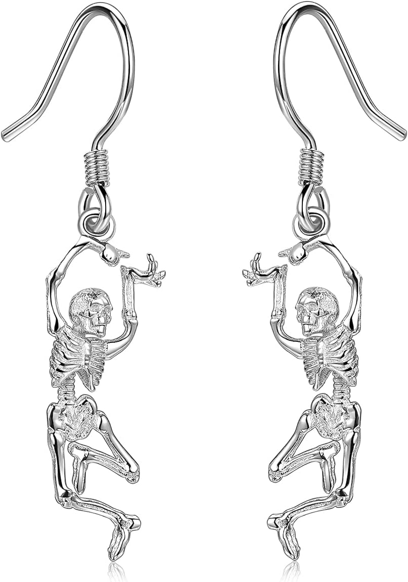 Skeleton Earrings S925 Sterling Silver Skull Earrings Halloween Party Dance Skeleton Dangle Earrings Anime Hip Hop Scary Halloween Jewellery for Women