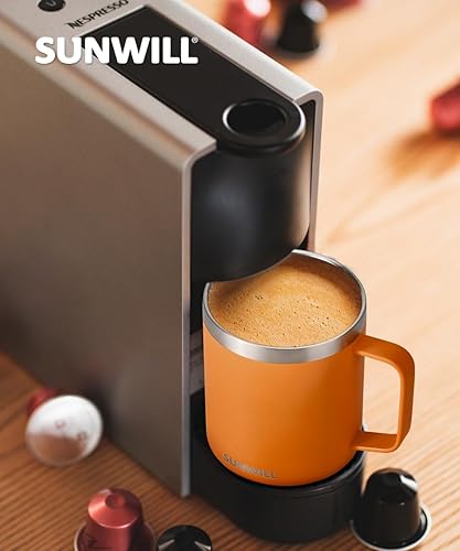 Vista 6 de SUNWILL Insulated Coffee Mug with Lid, Travel Tumbler with Handle, 14 oz Stainless Steel Cup for Camping, Office, Home, Powder Coated Orange