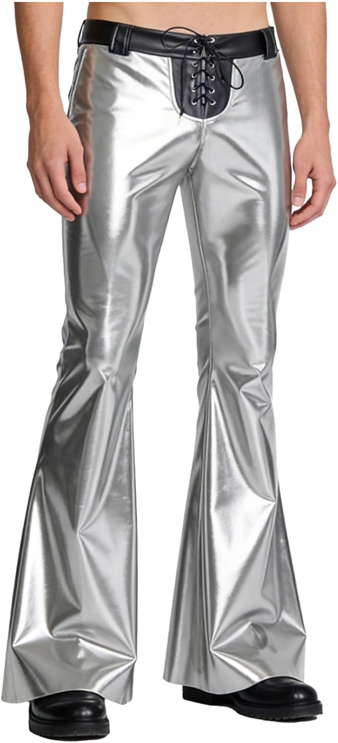 iiniim Mens Metallic Shiny Dance Disco Party Trousers Clubwear Lacing Waist Bell Bottoms Pants