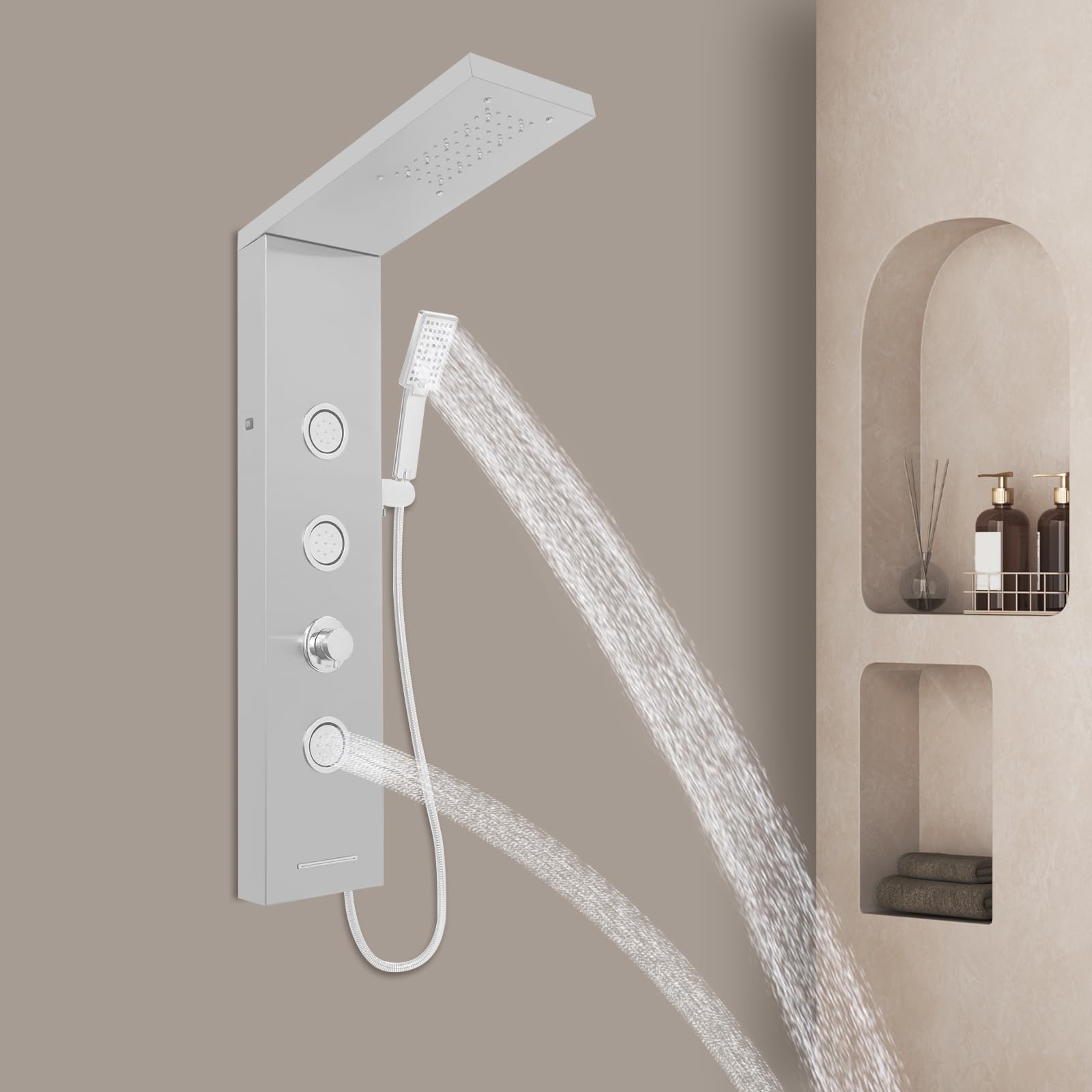 Pannello doccia a LED senza rubinetto, 4 funzioni pannello doccia con doccia a pioggia, 3 ugelli massaggianti, doccetta e beccuccio per vasca da bagno, colonna doccia in acciaio inox 304