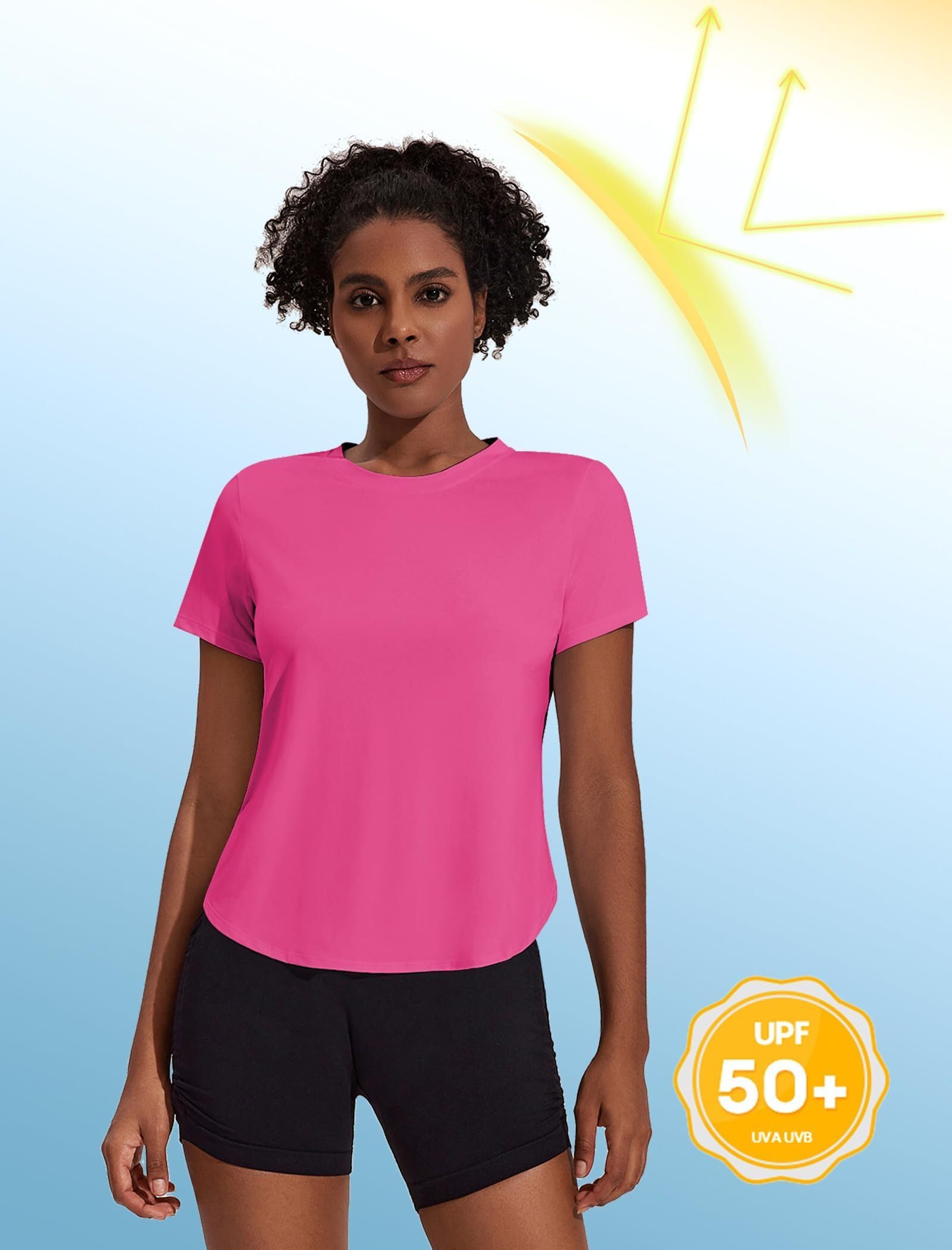PINSPARK T-Shirt de Sport à Manches Courtes pour Femme, Protection Solaire UPF 50+, séchage Rapide, idéal pour la Course, Le Yoga et Le Fitness. Coupe Ample et Respirante. - 4