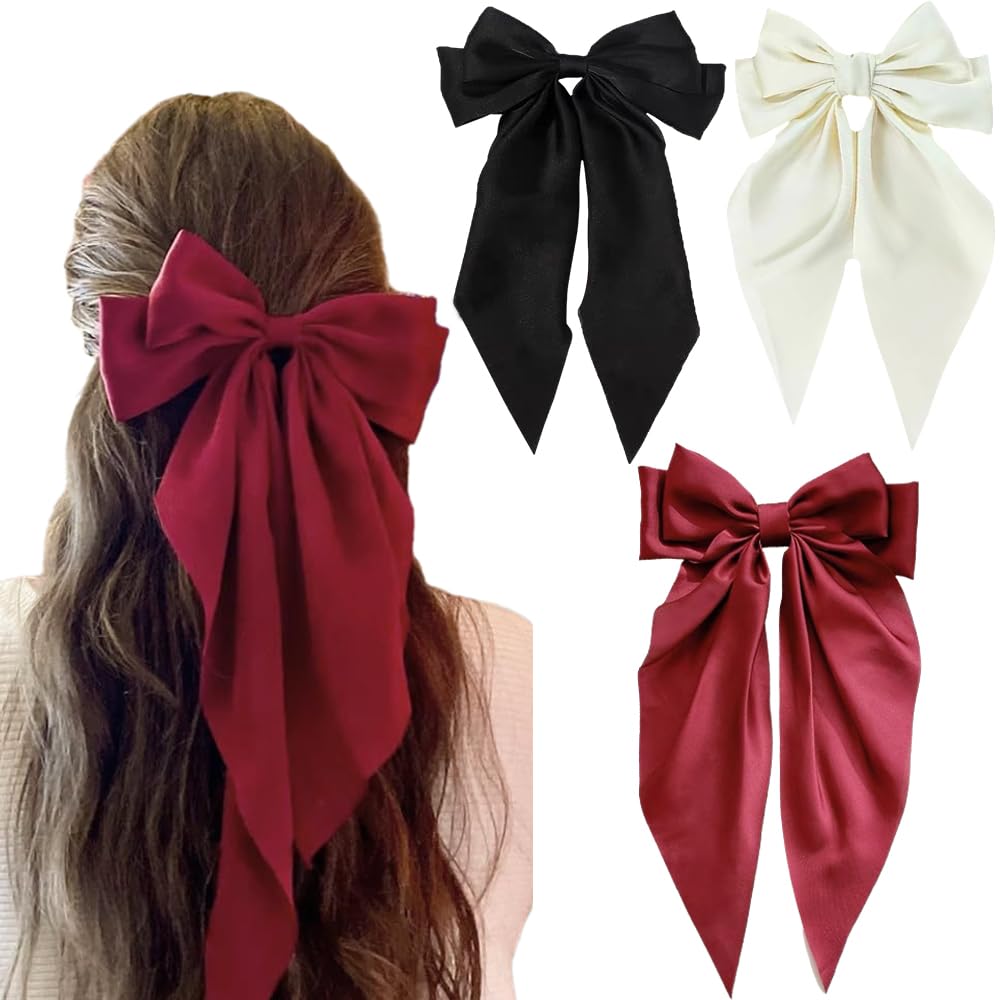Hair Bows for Women - 3 Pcs Large Ribbon Hair Clips with Long Tail Tassels, Big Hair Barrettes for Girls (Black, Red, Beige)