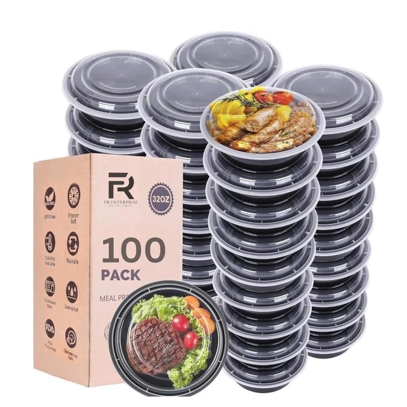 100 Pack 32oz (946ml) Round Reusable Meal Prep Containers - BPA-Free, Leak-Proof, Microwave & Dishwasher Safe Bento Boxes with Lids – Ideal for Lunch, Dinner, Portion Control, and Food Storage