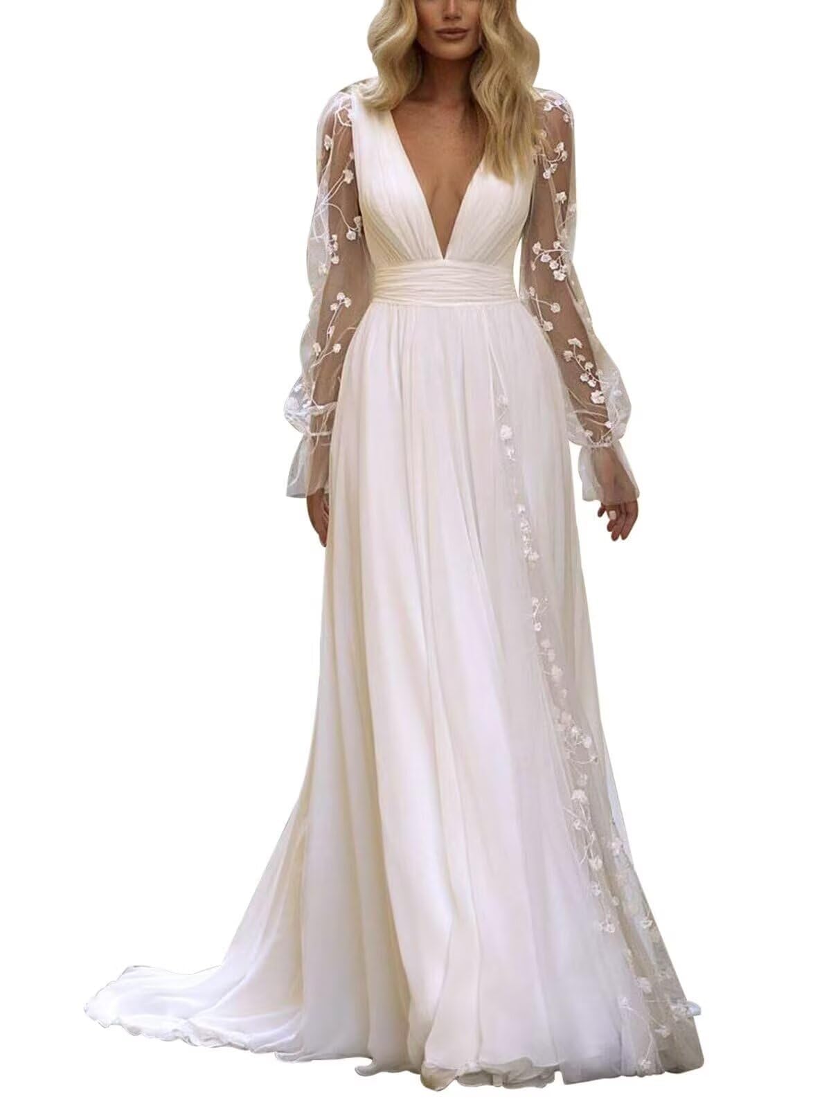 Hochzeitskleider Für Damen Spitze Beach Boho Brautkleider Langarm Standesamt V-Ausschnitt A-Linie Hinterlänge Brautkleid