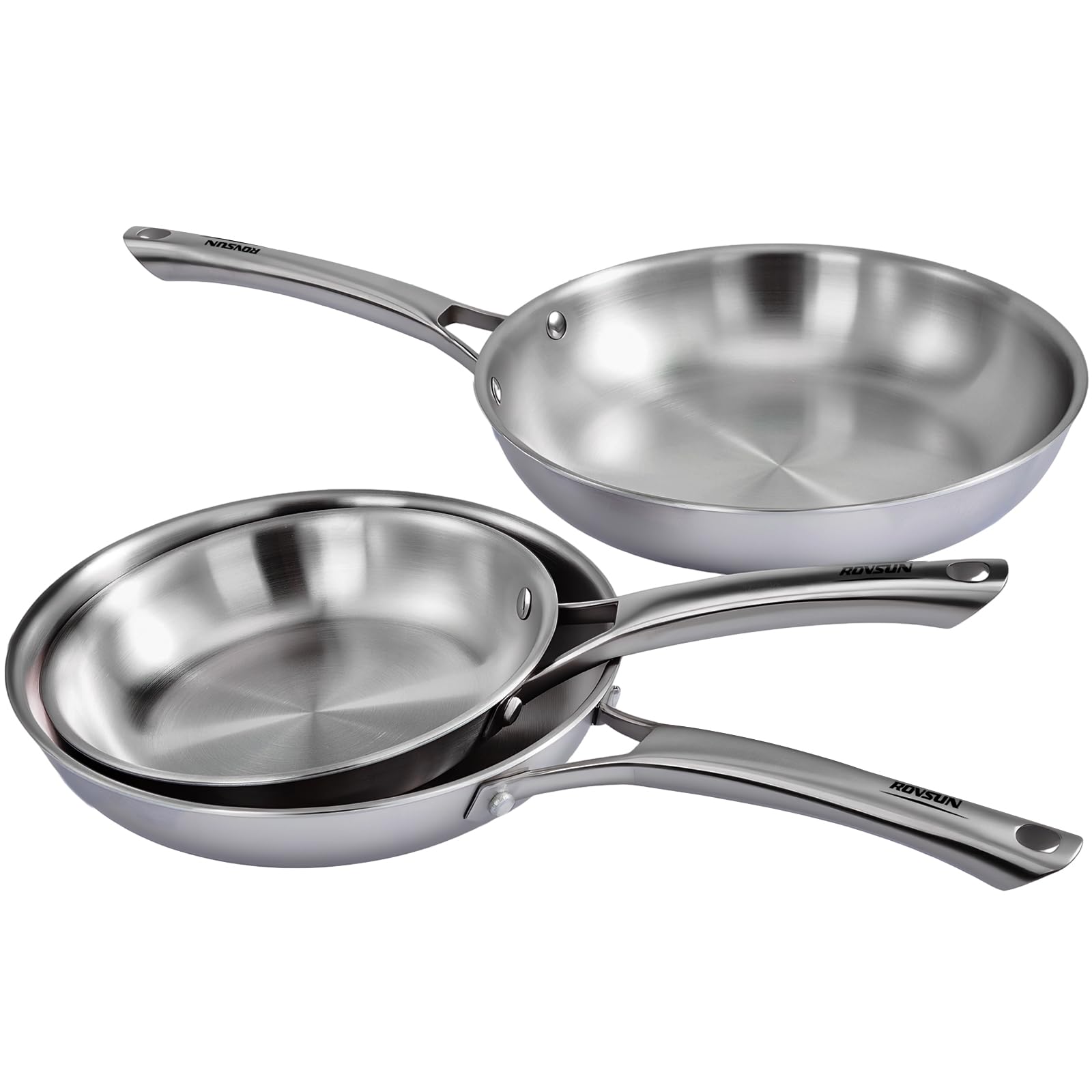 ROVSUN Set di Padelle in Acciaio Inox Triplo Strato, Pentole e Padelle Induzione Senza PFOA e PTFE, Stainless Steel Pan per Gas, Forno e Piastra a Induzione